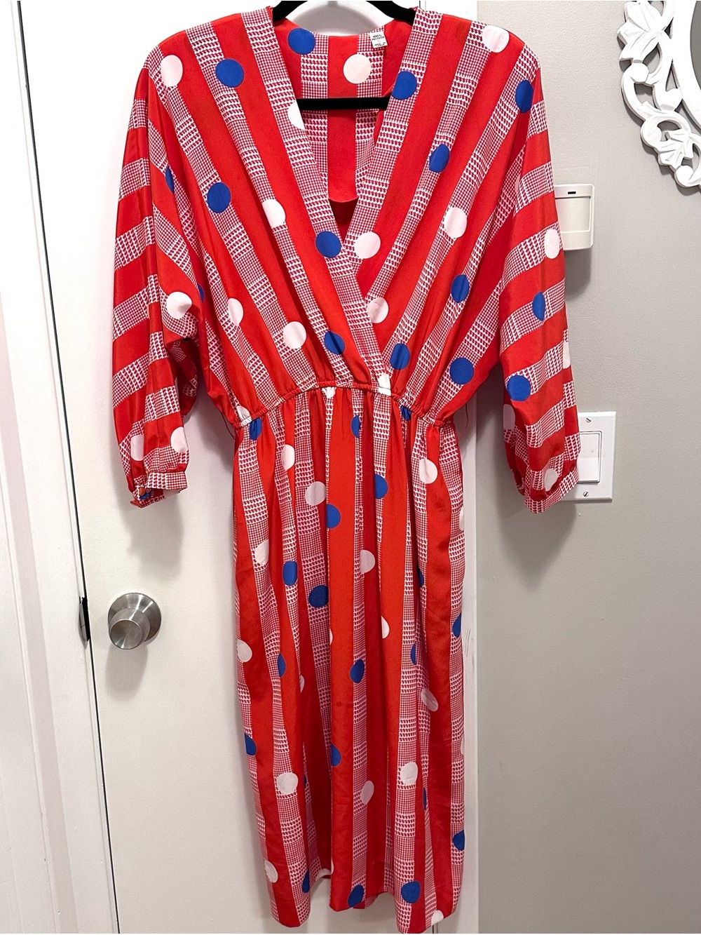 Vintage Unbranded Red White Blue Midi Dress 6 V-neck Stripe Polka Dot